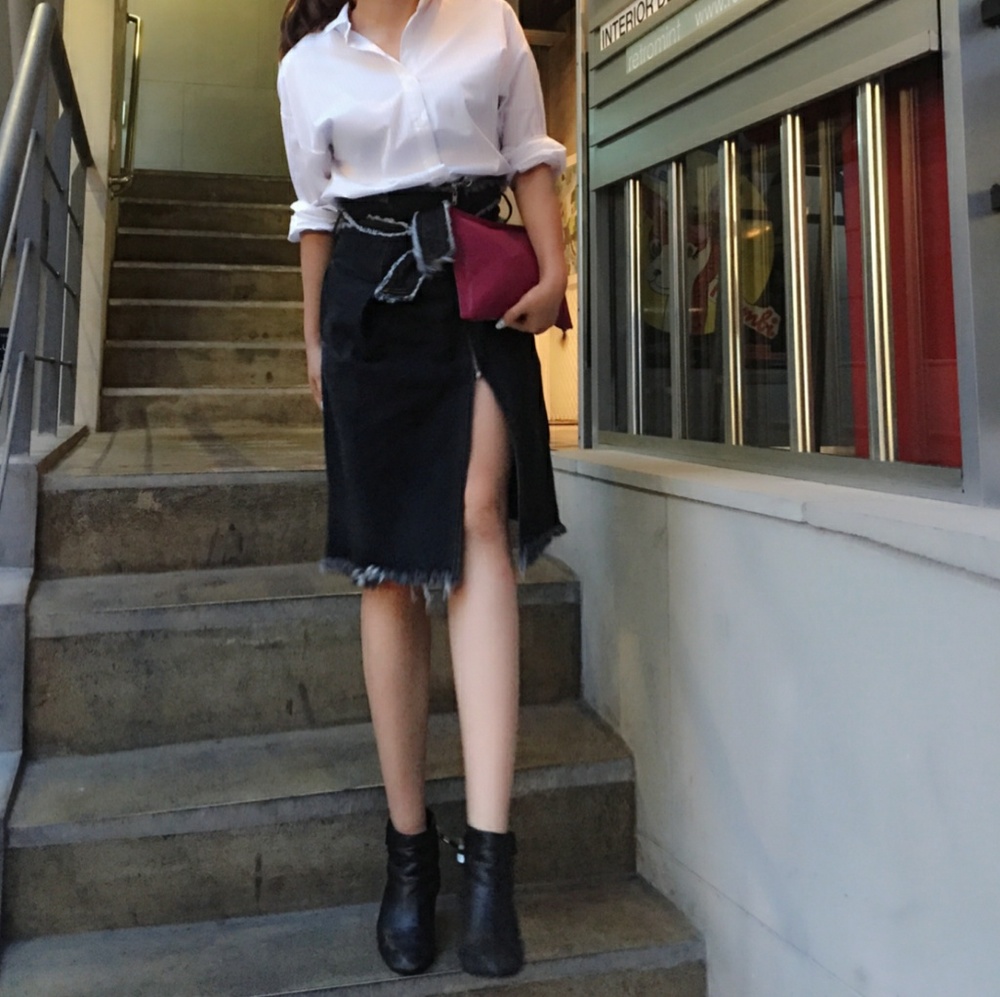 (Korean style) high-waisted midi Denim Skirt